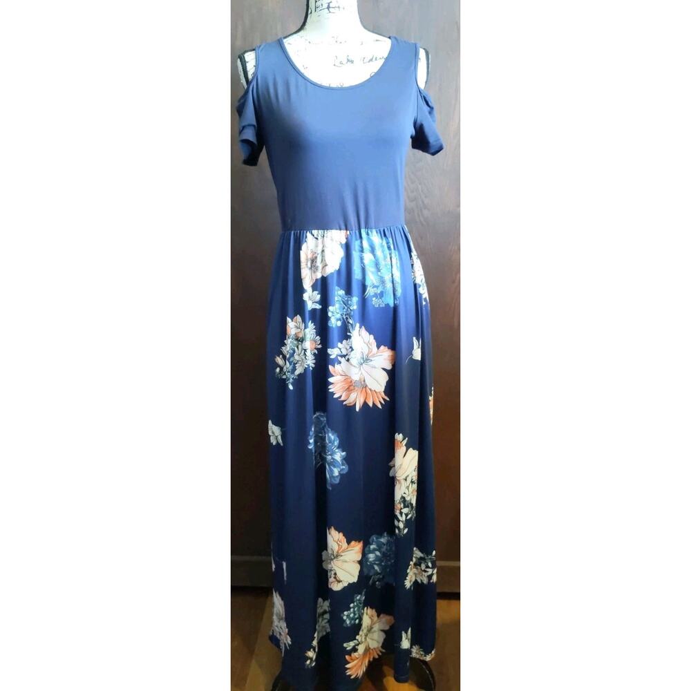 Maxi Dress Size Medium Navy Floral Cold Shoulder Stretch pockets wedding party